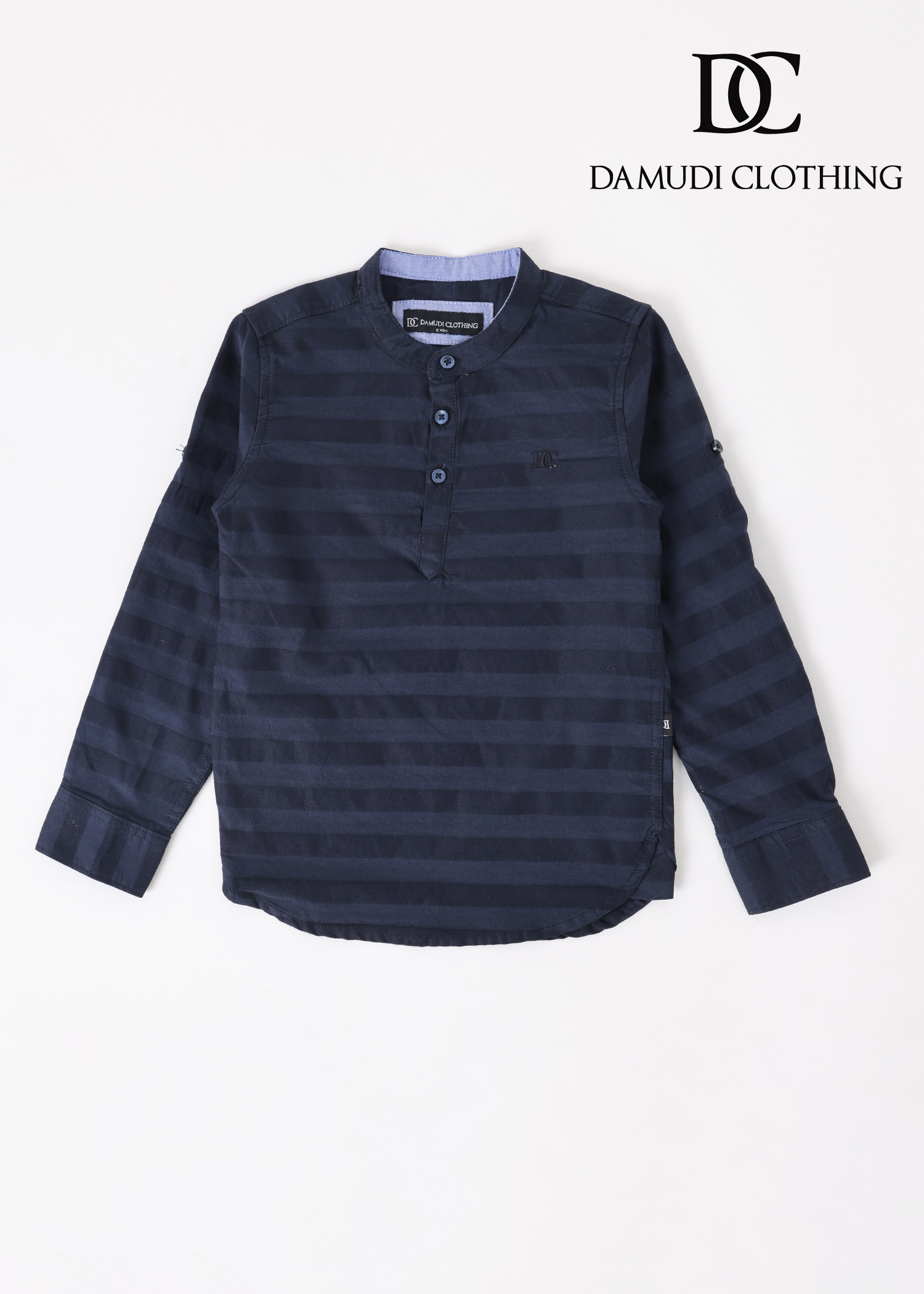 Navy Striped Mandarin Collar Shirt