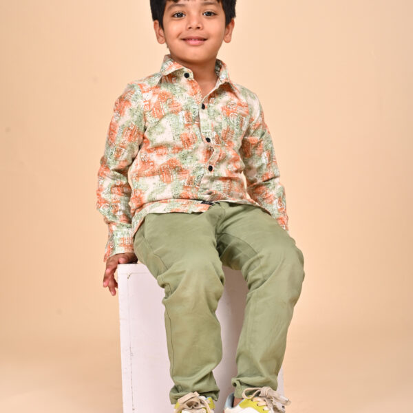 Colorful patterned shirt for kids – orange, green, and white cotton boys shirt by Damudi Clothing