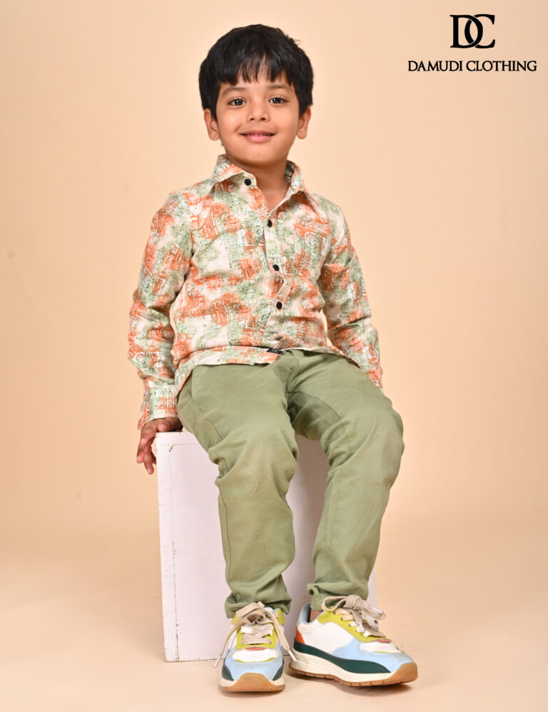 Colorful patterned shirt for kids – orange, green, and white cotton boys shirt by Damudi Clothing