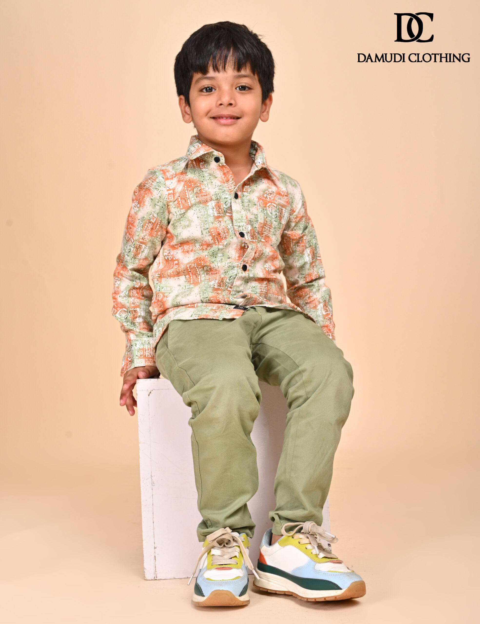 CH7_3766 Colorful patterned shirt for kids – orange, green, and white cotton boys shirt by Damudi Clothing