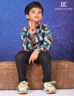 Geometric patterned shirt for kids – red, teal, and white cotton boys shirt by Damudi Clothing
