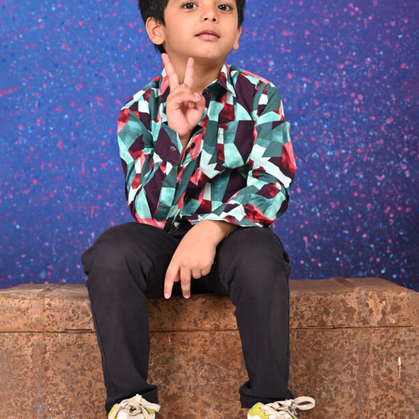 Geometric patterned shirt for kids – red, teal, and white cotton boys shirt by Damudi Clothing