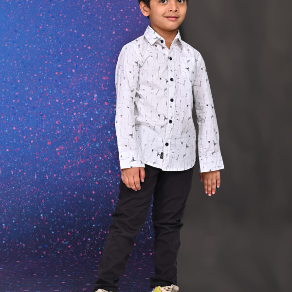 Abstract patterned shirt for kids – white cotton boys shirt with black design by Damudi Clothing