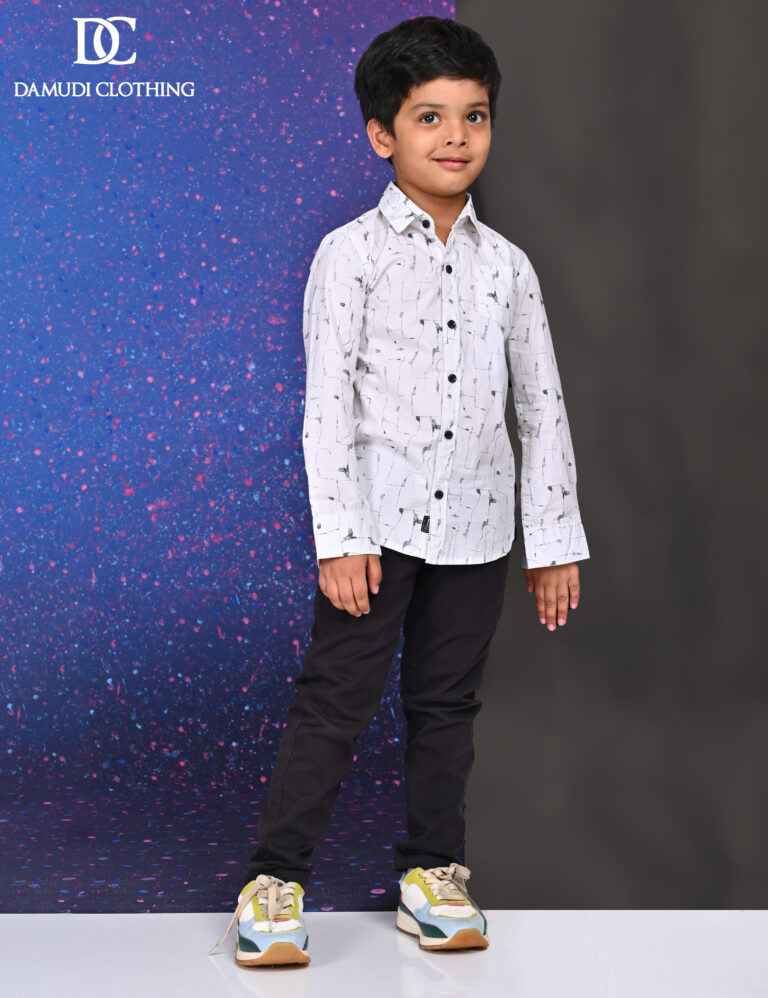 Abstract patterned shirt for kids – white cotton boys shirt with black design by Damudi Clothing
