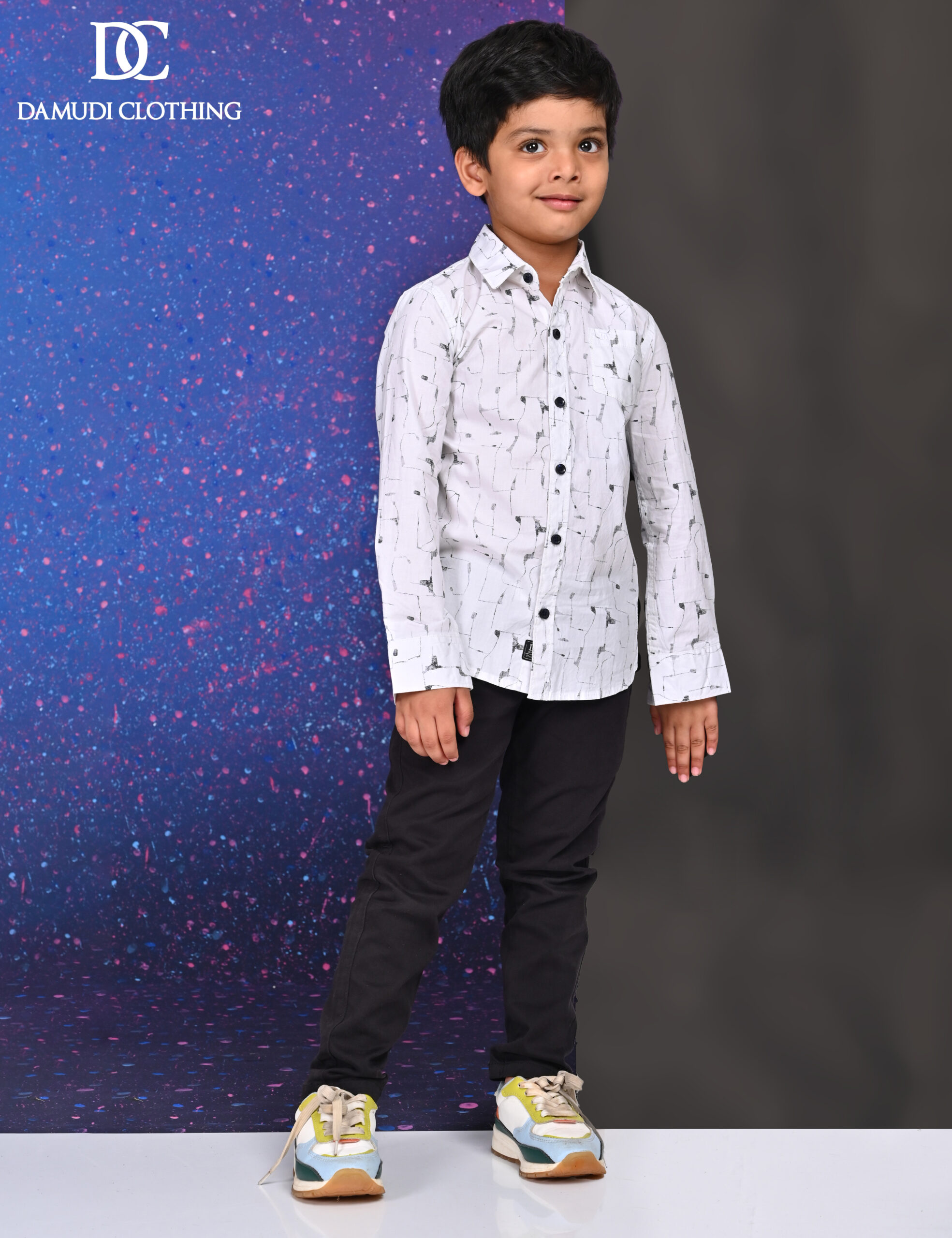 CH7_4028 Abstract patterned shirt for kids – white cotton boys shirt with black design by Damudi Clothing