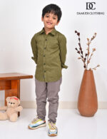 Textured shirt for kids – olive-green cotton boys shirt with button-up design by Damudi Clothing