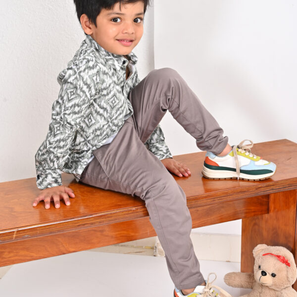 Geometric diamond shirt for kids – gray and white cotton boys shirt with pocket by Damudi Clothing