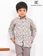 Brown patterned shirt for kids – geometric cotton boys shirt with collar and black buttons by Damudi Clothing