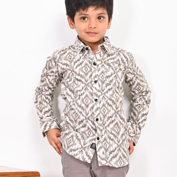 Brown patterned shirt for kids – geometric cotton boys shirt with collar and black buttons by Damudi Clothing