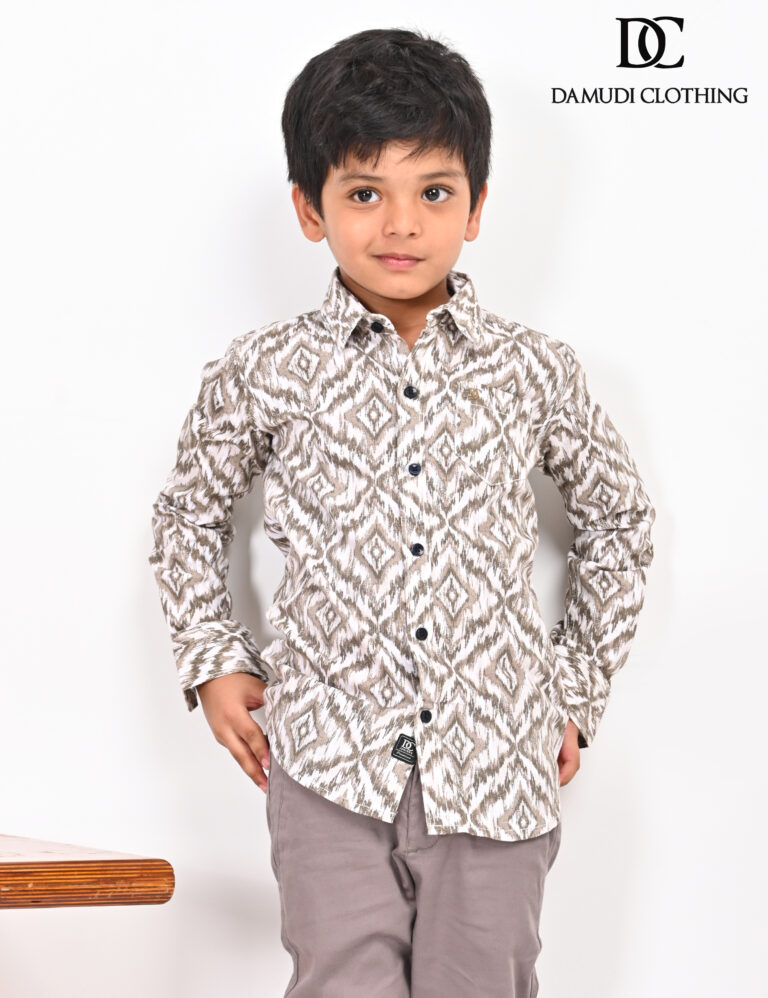 Brown patterned shirt for kids – geometric cotton boys shirt with collar and black buttons by Damudi Clothing